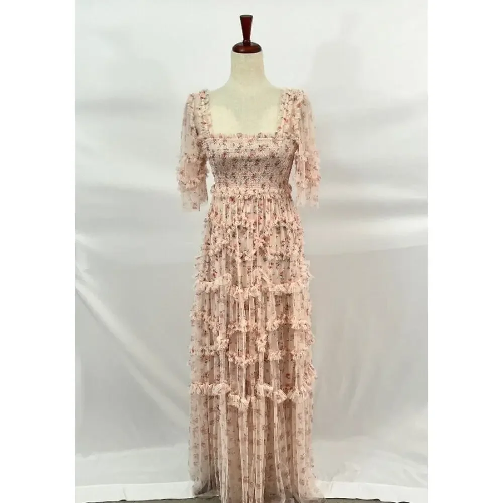 NEEDLE & THREAD Sz 2 Bijou Rose Smocked Maxi Dress Gown - Picture 10 of 13